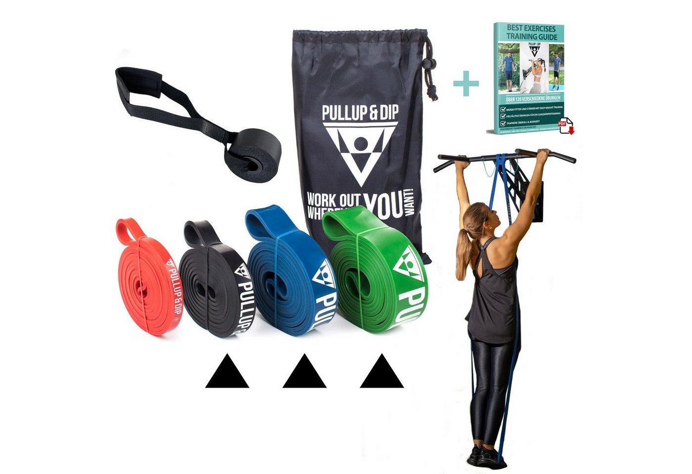 Pullup & Dip Trainingsband Fitnessbänder mit Tasche, Türanker (bei Sets) und Übungsguide von Pullup & Dip