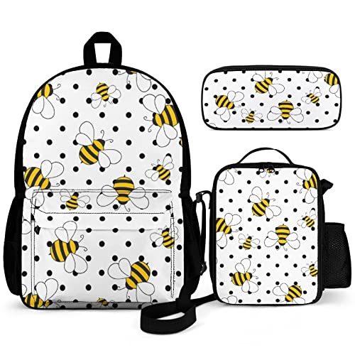3-teiliges Rucksack-Set mit Bienen mit Punkten, für Kinder, Schulanfang, Büchertasche mit Lunchbox und Federmäppchen, langlebig, leicht, für Reisen, Teenager, Studenten, Jungen, Mädchen, mehrfarbig, von Puukjga