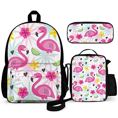 Puukjga 3-teiliges Rucksack-Set mit Flamingo und tropischen Blumen, für Kinder, Schulanfang, Büchertasche mit Lunchbox und Federmäppchen, langlebig, leicht, für Reisen, Teenager, Studenten, Jungen, von Puukjga