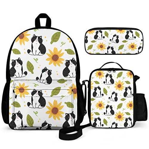 Puukjga 3-teiliges Rucksack-Set mit Katzen-Sonnenblumen-Motiv, für Kinder, Schulanfang, Büchertasche mit Lunchbox und Federmäppchen, langlebig, leicht, für Reisen, Teenager, Studenten, Jungen, von Puukjga