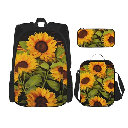 Puukjga 3-teiliges Rucksack-Set mit Sonnenblumen-Druck, lässiger Tagesrucksack mit Lunchbox, Federmäppchen für Damen und Herren, Siehe Abbildung, 3pcs, Rucksack, Rucksäcke von Puukjga