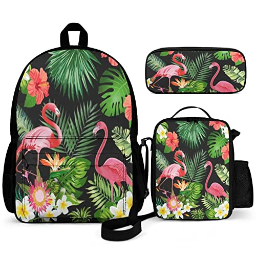 Puukjga Kinder-Rucksack-Set, Motiv: tropische Blume mit Flamingos, 3-teilig, Schulanfang, 40,6 cm, Büchertasche mit Lunchtasche, Federmäppchen für Jungen und Mädchen, 1–6. Klasse, Blume mit Flamingos, von Puukjga