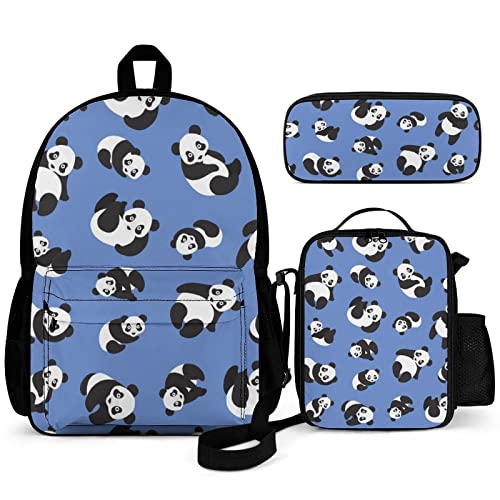 Puukjga Panda 3-teiliges Rucksack-Set für Kinder, Schulanfang, Büchertasche mit Lunchbox und Federmäppchen, langlebig, leicht, für Reisen, Teenager, Studenten, Jungen, Mädchen, mehrfarbig, 16inch von Puukjga