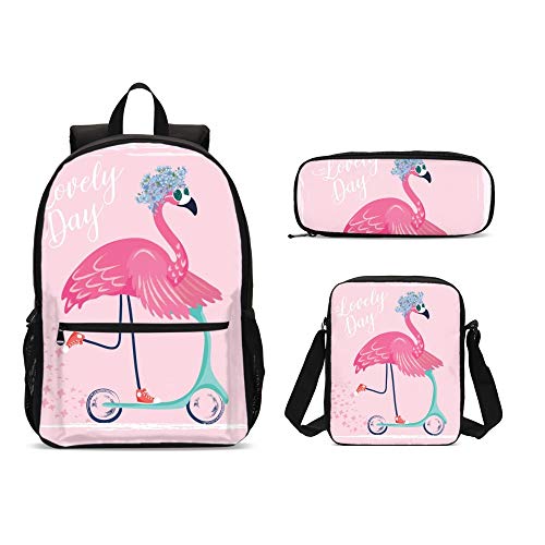 Puukjga Pinker Flamingo Rucksack-Set für Kinder, Schulanfang, Büchertasche mit Lunchbox und Federmäppchen, langlebig, leicht, für Reisen, Teenager, Studenten, Jungen, Mädchen, 3-teilig, mehrfarbig, von Puukjga