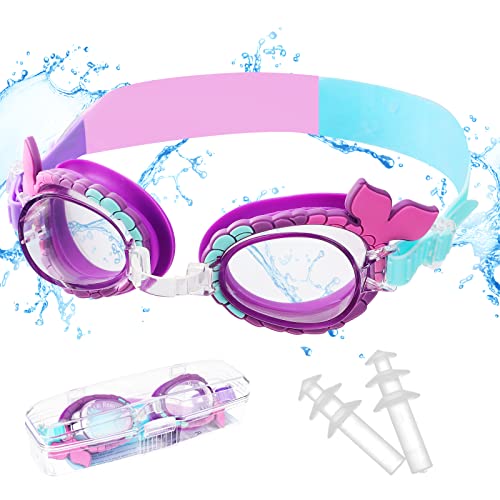 Anti-Fog Schwimmbrille, Meerjungfrau Schwanz Schwimmbrille für Mädchen 4-14, Schwimmbrille mit Breiten Gläsern, UV-Schutz, Auslaufsicher, Klare Sicht, Wasser Pool Brille mit Ohrstöpsel Brillenbox von Pwsap