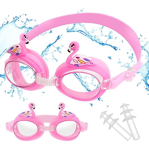 Pwsap Anti-Fog Schwimmbrille, Flamingo Schwimmbrille für Mädchen 4-14, Schwimmbrille mit Breiten Gläsern, UV-Schutz, Auslaufsicher, Klare Sicht, Wasser Pool Brille mit Ohrstöpsel/Aufbewahrungs Tasche von Pwsap