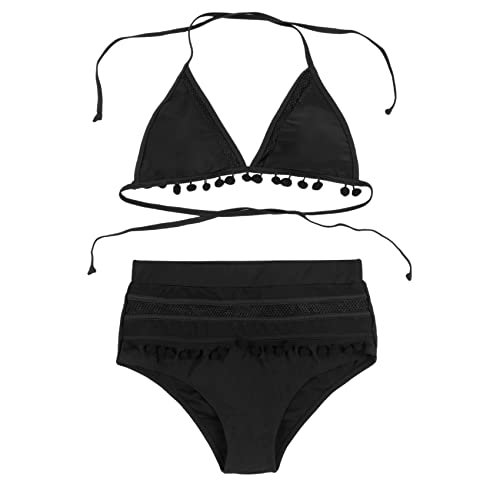 Pyugxab Hohe Taille Bikinis Set Strand Boho Bademode Frauen Pom Pom Quasten Badeanzug Anzug Frauen Brasilianische Strand Kleidung Schwarz M von Pyugxab