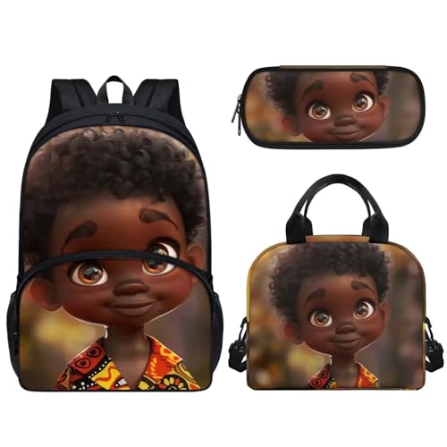 Pzuqiu 3-teiliges Rucksack-Set, 43,2 cm, Schultasche mit Lunchtasche und Stiftebox, Grundschüler, Büchertaschen für Camping, Afrikanisches Kind von Pzuqiu