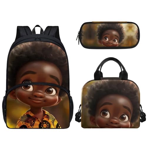 Pzuqiu 3-teiliges Rucksack-Set, 43,2 cm, Schultasche mit Lunchtasche und Stiftebox, Grundschüler, Büchertaschen für Camping, Niedlicher afrikanischer Junge von Pzuqiu