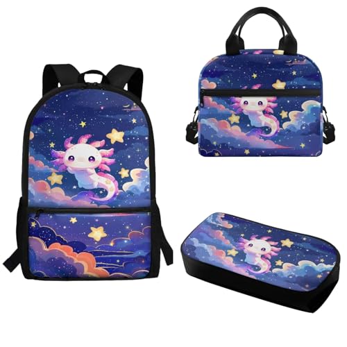 Pzuqiu 3-teiliges Rucksack-Set für Kinder, Schultasche mit Lunchtasche und Federmäppchen, Grundschüler, Tagesrucksack für Camping, Sternenhimmel Salamander von Pzuqiu