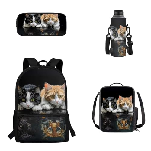 Pzuqiu 4-teiliges Rucksack-Set für Kinder, Schultasche mit Lunchtasche, Federmäppchen und Wasserbecher-Abdeckung, Grundschüler, Katze, niedlich von Pzuqiu