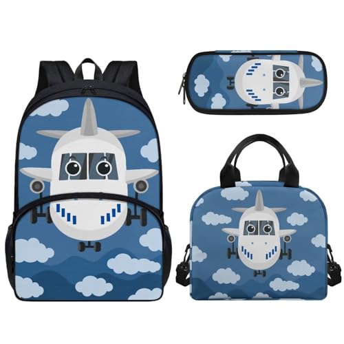 Pzuqiu 43,2 cm Schultasche mit Lunchtasche und Federmäppchen, Schüler-Rucksack, Elementar-Kinder-Büchertasche, 3-teiliges Set, Cartoon-Flugzeug von Pzuqiu
