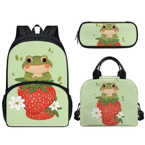 Pzuqiu 43,2 cm Schultasche mit Lunchtasche und Federmäppchen, Schüler-Rucksack, Elementar-Kinder-Büchertasche, 3-teiliges Set, Erdbeerfrosch von Pzuqiu