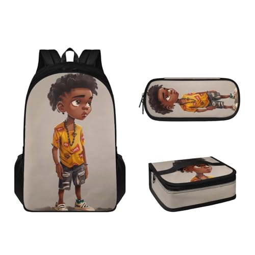 Pzuqiu Kinder-Rucksack-Set mit Lunchbox und Federmäppchen, Teenager, 3er-Pack, Schultaschen-Set für Kinder, große Kapazität, Büchertasche, Curly Hair Boy von Pzuqiu