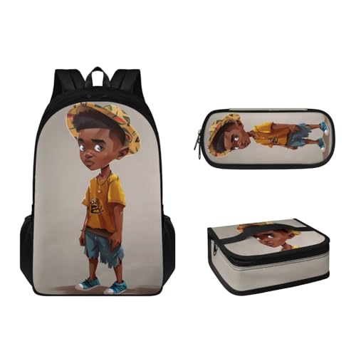 Pzuqiu Kinder-Rucksack-Set mit Lunchbox und Federmäppchen, Teenager, 3er-Pack, Schultaschen-Set für Kinder, große Kapazität, Büchertasche, Hat Boy von Pzuqiu