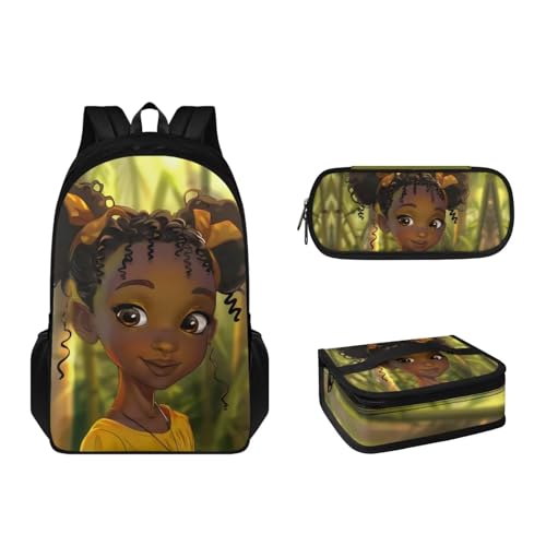 Pzuqiu Kinder-Rucksack-Set mit Lunchbox und Federmäppchen, Teenager, 3er-Pack, Schultaschen-Set für Kinder, große Kapazität, Büchertasche, Süßes Mädchen von Pzuqiu