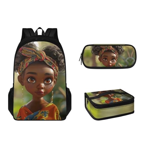 Pzuqiu Kinder-Rucksack-Set mit Lunchbox und Federmäppchen, Teenager, 3er-Pack, Schultaschen-Set für Kinder, große Kapazität, Büchertasche, Tribal Girl von Pzuqiu