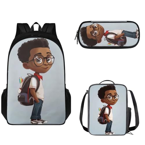 Pzuqiu Kinder-Rucksack-Set mit Lunchbox und Federmäppchen für Teenager, 3-teiliges Schultaschen-Set für Grundschule, Brille Boy von Pzuqiu