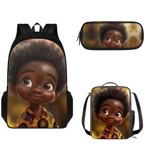 Pzuqiu Kinder-Rucksack-Set mit Lunchbox und Federmäppchen für Teenager, 3-teiliges Schultaschen-Set für Grundschule, Niedlicher afrikanischer Junge von Pzuqiu