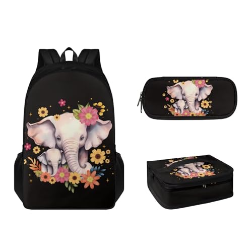 Pzuqiu Rucksack für Schule, Kinder, Teenager, Büchertaschen-Set, 3-in-1, Schultaschen-Set mit Lunchbox und Stifthalter, lässiger Tagesrucksack, Blumen-Elefant von Pzuqiu
