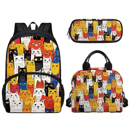 Pzuqiu Schüler-Rucksack, 3er-Set, mit Lunchbox und Federmäppchen, 43,2 cm, tragbare Schultaschen für Kinder, Rucksack-Set, Cartoon Katze von Pzuqiu