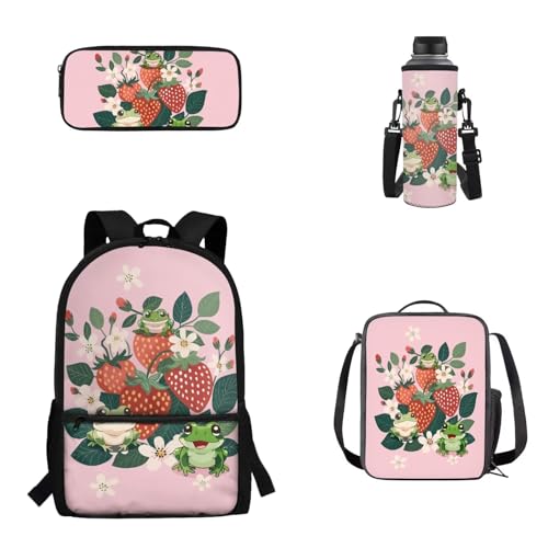 Pzuqiu Schüler-Rucksack für Kinder mit Lunchbox, Federmäppchen und Wasserbecher-Abdeckung, 4-teiliges Set, Schultaschen für Jungen/Mädchen, Erdbeerfrosch von Pzuqiu