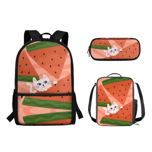 Pzuqiu Schüler-Rucksack mit Lunch-Tasche und Stiftebox für Kinder, Grundschule, Mittelschule, tragbar, 3 Stück, Wassermelonenkatze von Pzuqiu