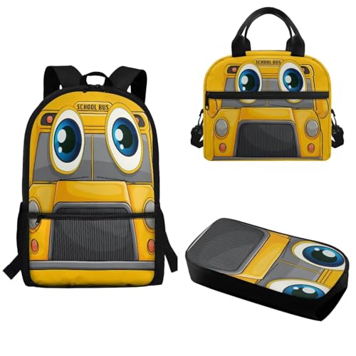 Pzuqiu Schulrucksack-Set, 3-teiliges Set, modischer Rucksack für Grundschüler, Schultaschen mit Lunchbox und Federmäppchen, Cartoon-Schulbus von Pzuqiu