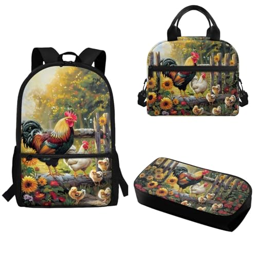 Pzuqiu Schulrucksack-Set, 3-teiliges Set, modischer Rucksack für Grundschüler, Schultaschen mit Lunchbox und Federmäppchen, Hahn von Pzuqiu