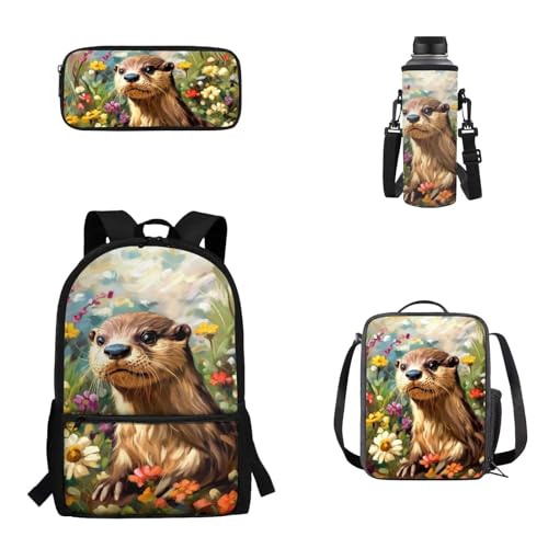 Pzuqiu Schulrucksack-Set, 4-teiliges Set für Kinder, Rucksack für Schüler, Schultaschen mit Lunchbox, Federmäppchen und Wasserbecher-Abdeckung, Niedlicher Otter von Pzuqiu