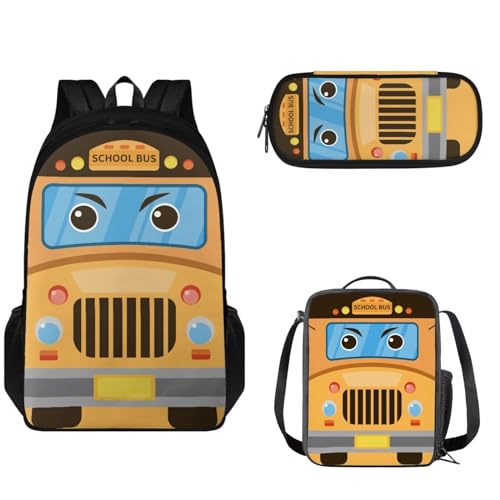 Pzuqiu Schulrucksack-Set für Kinder, Grundschulrucksack, große Kapazität, Schultasche mit Lunchbox und Federmäppchen, Cartoon-Schulbus von Pzuqiu