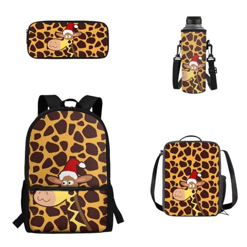 Pzuqiu Schulrucksack für Teenager, Kinder, Schultasche mit Lunchbox, Federmäppchen, Wasserbecher, tragbarer Kinderrucksack, Cartoon-Giraffe von Pzuqiu