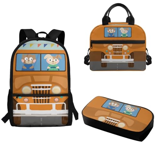 Pzuqiu Schulrucksack für Teenager, Kinder, Schultasche mit Lunchbox und Federmäppchen, stilvoller Kinderrucksack, 3-teiliges Set, Cartoon-Schulbus von Pzuqiu