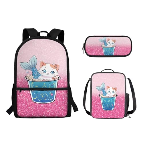 Pzuqiu Schulrucksack für Teenager, Kinder, Schultasche mit Lunchbox und Federmäppchen, stilvoller Kinderrucksack, 3-teiliges Set, Katze, Meerjungfrau von Pzuqiu