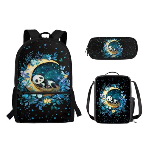 Pzuqiu Schulrucksack für Teenager, Kinder, Schultasche mit Lunchbox und Federmäppchen, stilvoller Kinderrucksack, 3-teiliges Set, Panda Moon von Pzuqiu