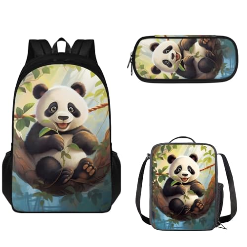 Pzuqiu Schultaschen-Set für Kinder, 43,2 cm, Büchertaschen-Set mit 3 Stück, Schulrucksack mit Lunch-Taschen und Federmäppchen für Teenager, Panda von Pzuqiu