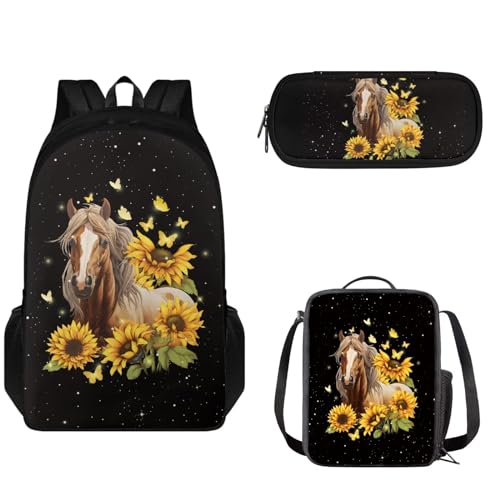 Pzuqiu Schultaschen-Set für Kinder, 43,2 cm, Büchertaschen-Set mit 3 Stück, Schulrucksack mit Lunch-Taschen und Federmäppchen für Teenager, Sonnenblumenpferd von Pzuqiu