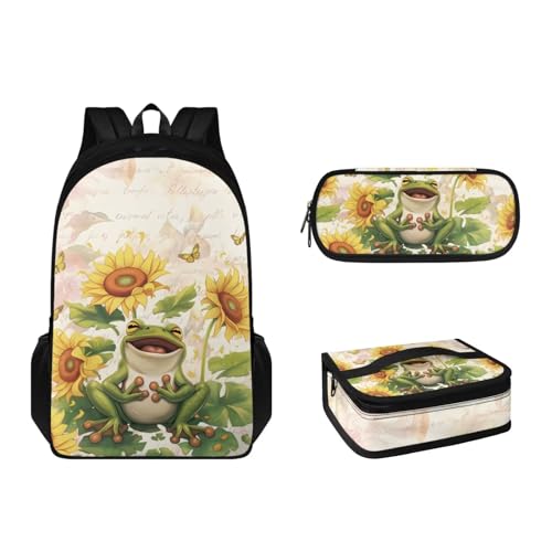 Pzuqiu Schultaschen-Set für Kinder, Rucksack-Set mit Federmäppchen und Lunchtasche für Teenager, Schulbüchertaschen-Set, Sonnenblumen-Frosch von Pzuqiu