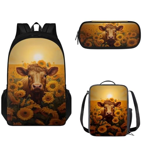 Pzuqiu Schultaschen-Set für Kinder, modisches Rucksack-Set mit Federmäppchen und Lunchtasche für Teenager, Schulbüchertaschen-Set, Sunflower Bull von Pzuqiu