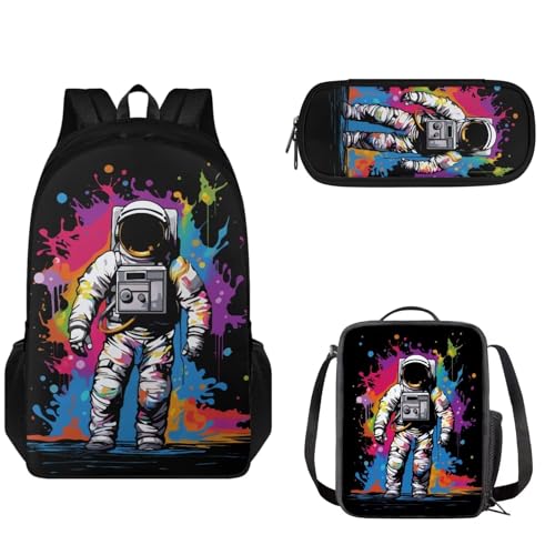 Pzuqiu Schultaschen für Kinder, Rucksack mit Lunchbox, Federmäppchen, 3 Stück, Schulrucksack, große Kapazität, Schultasche für Reisen, Cartoon-Astronaut. von Pzuqiu