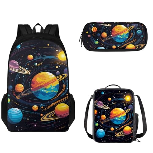 Pzuqiu Schultaschen für Kinder, Rucksack mit Lunchbox, Federmäppchen, 3 Stück, Schulrucksack, große Kapazität, Schultasche für Reisen, Cartoon-Planet von Pzuqiu
