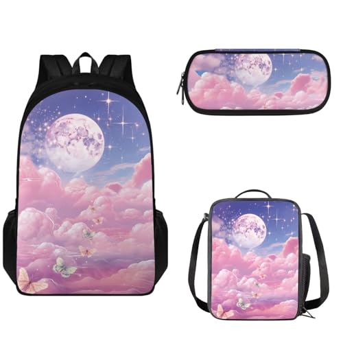 Pzuqiu Schultaschen für Kinder, Rucksack mit Lunchbox, Federmäppchen, 3 Stück, Schulrucksack, große Kapazität, Schultasche für Reisen, Pink Sky Moon von Pzuqiu