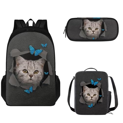 Pzuqiu Schultaschen für Kinder, Rucksack mit Lunchbox, Federmäppchen, 3 Stück, Schulrucksack, große Kapazität, Schultasche für Reisen, Schmetterling Katze von Pzuqiu