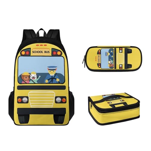 Pzuqiu Schultaschen für Kinder, Rucksack mit Lunchbox, Federmäppchen, 3-teilig, Schulrucksack, große Kapazität, Rucksack für Reisen, Cartoon-Schulbus von Pzuqiu