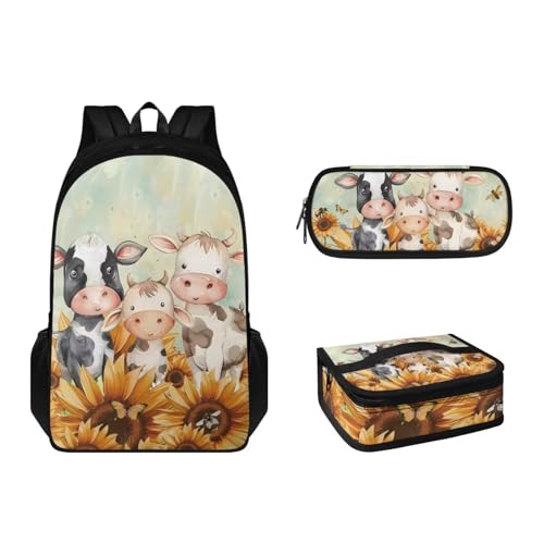 Pzuqiu Schultaschen für Kinder, Rucksack mit Lunchbox, Federmäppchen, 3-teilig, Schulrucksack, große Kapazität, Rucksack für Reisen, Sonnenblumenkuh-Familie von Pzuqiu