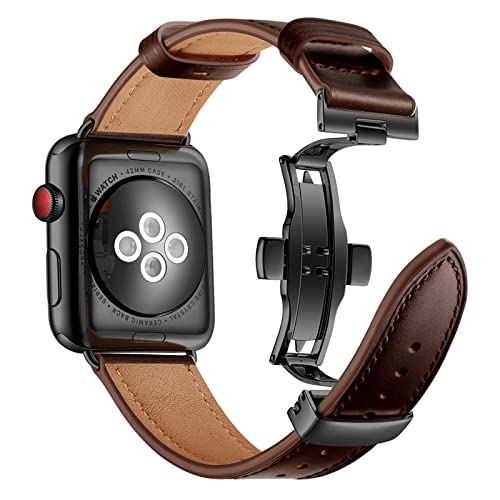 Lederarmband Kompatibel mit Apple Watch Armband 49mm 45mm 44mm 42mm 41mm 40mm 38mm, Lederband Ersatzband mit Butterfly Faltschließe für iWatch Ultra SE2 SE Series 8 7 6 5,Coffee1,42/44/45/49mm von QANXGOG