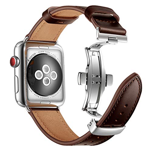Lederarmband Kompatibel mit Apple Watch Armband 49mm 45mm 44mm 42mm 41mm 40mm 38mm, Lederband Ersatzband mit Butterfly Faltschließe für iWatch Ultra SE2 SE Series 8 7 6 5,Coffee2,42/44/45/49mm von QANXGOG