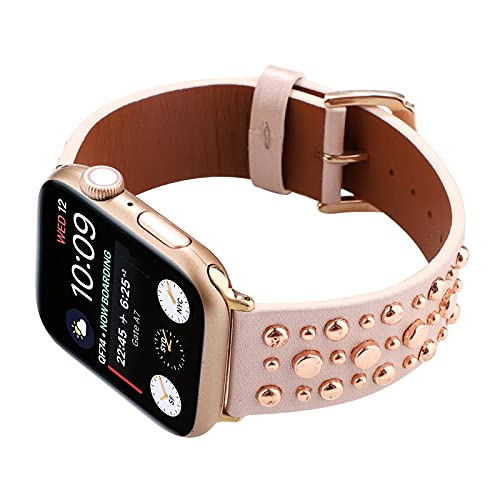 QANXGOG Armband ​für Apple Watch Series 8/7/SE/6/5/4/3/2/1, Kompatibel mit iWatch Armband 45mm 44cm 42mm 41mm 40mm 38mm, Nieten Echtes Leder Uhrenarmband mit Edelstahl Schnalle,B,Pink,41mm/40mm/38mm von QANXGOG