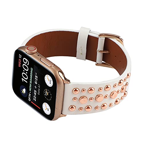 QANXGOG Armband ​für Apple Watch Series 8/7/SE/6/5/4/3/2/1, Kompatibel mit iWatch Armband 45mm 44cm 42mm 41mm 40mm 38mm, Nieten Echtes Leder Uhrenarmband mit Edelstahl Schnalle,B,White,41mm/40mm/38mm von QANXGOG