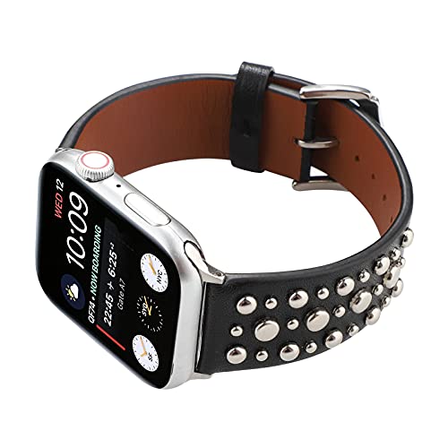 QANXGOG Armband ​für Apple Watch Series 8/7/SE/6/5/4/3/2/1, Kompatibel mit iWatch Armband 45mm 44cm 42mm 41mm 40mm 38mm, Nieten Echtes Leder Uhrenarmband mit Edelstahl Schnalle,Black,41mm/40mm/38mm von QANXGOG